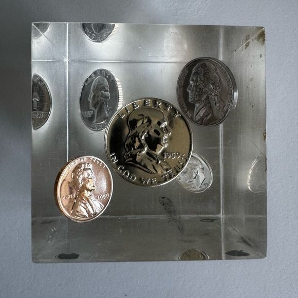 Vintage 1959 Floating Pop Art Lucite Clear Proof Coins Cube - Picture 5 of 11